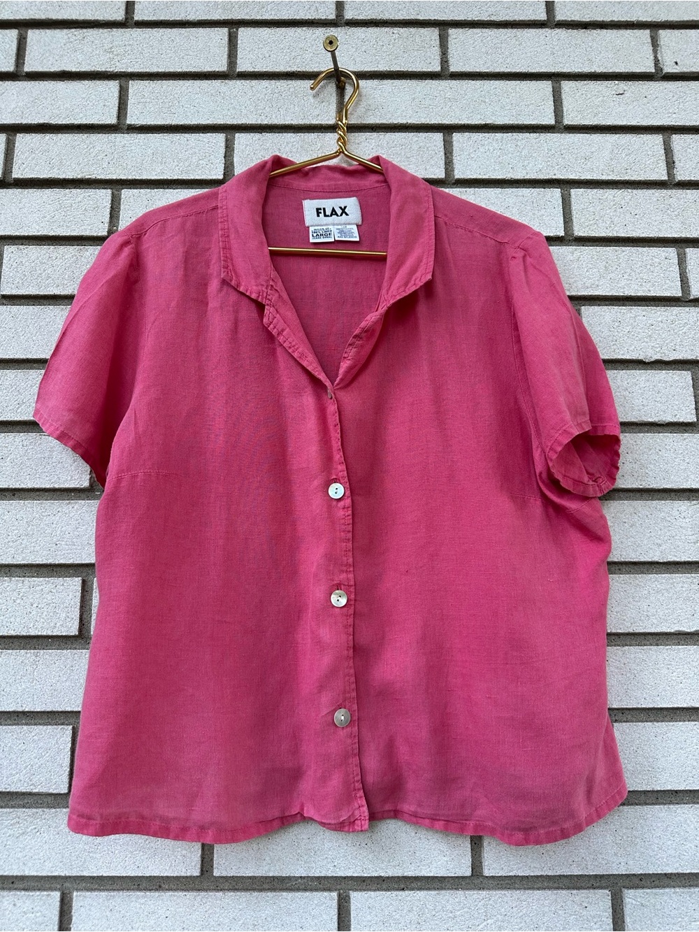 FLAX Raspberry Pink 100% Linen Button Front Short Sleeve Shirt Top L